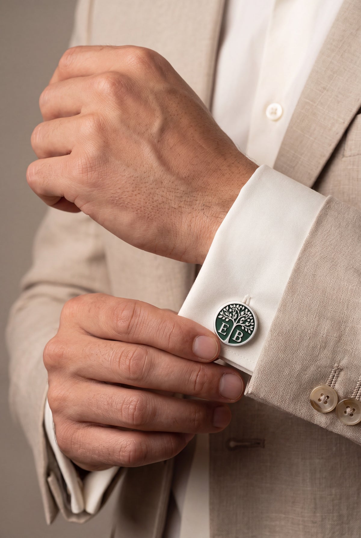 Personalized Tree of Life Green Enamel Initial Cufflinks – on model