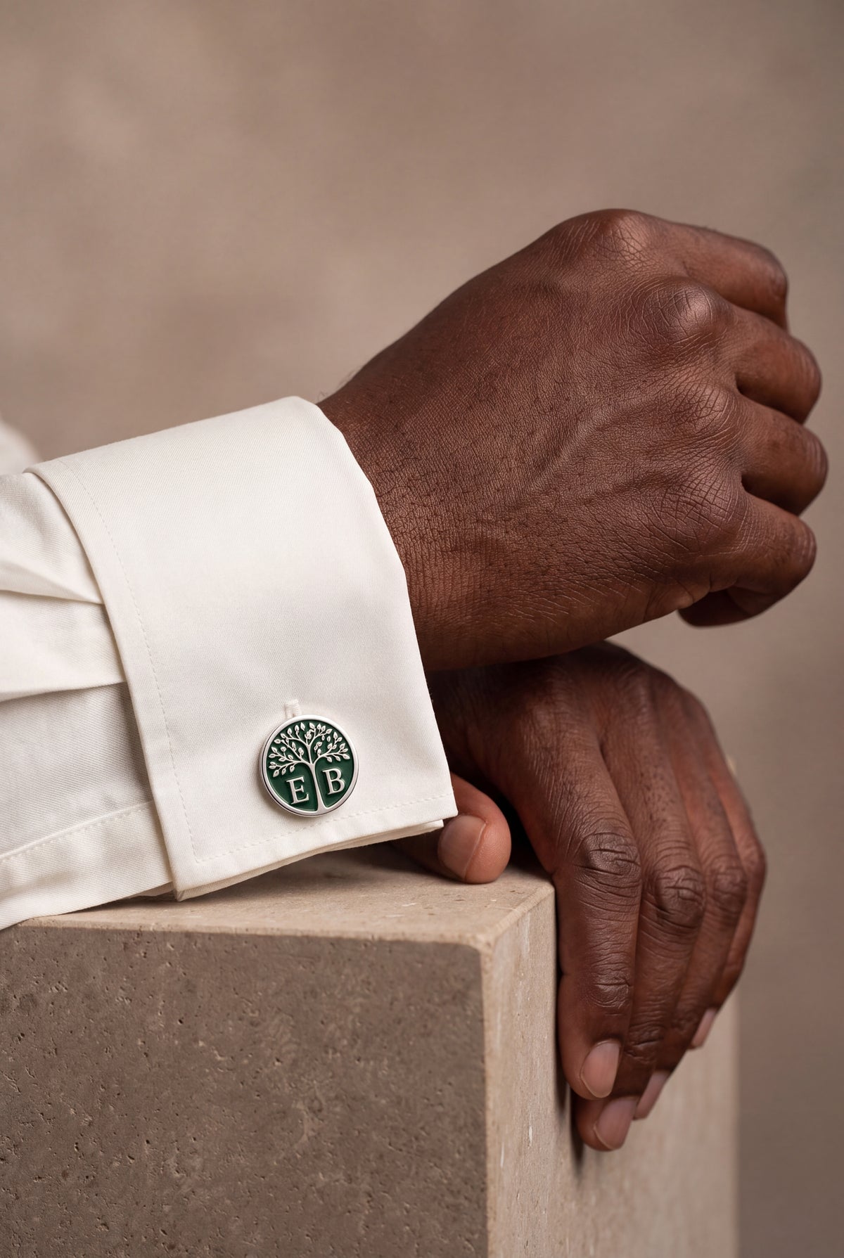Personalized Tree of Life Green Enamel Initial Cufflinks – on model, second view
