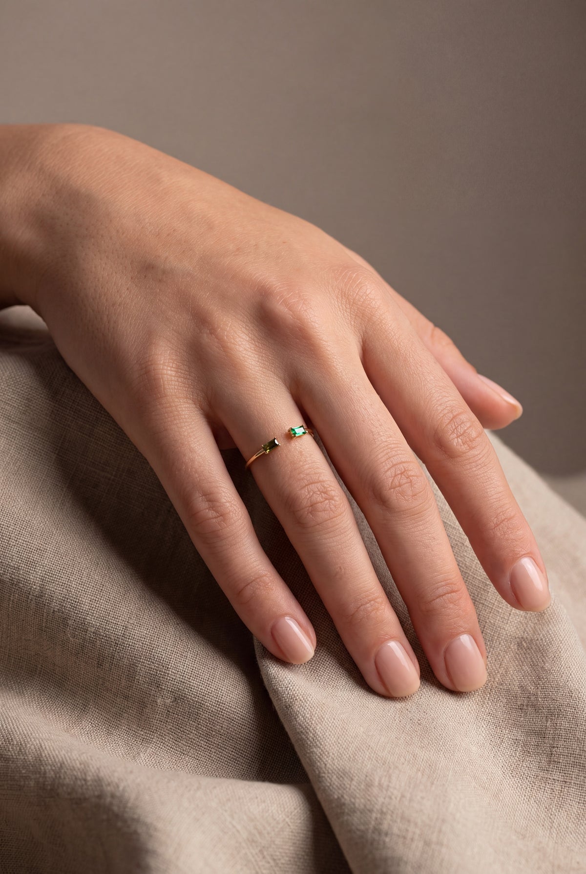 Personalized Two Baguette Birthstone Open Ring – on model