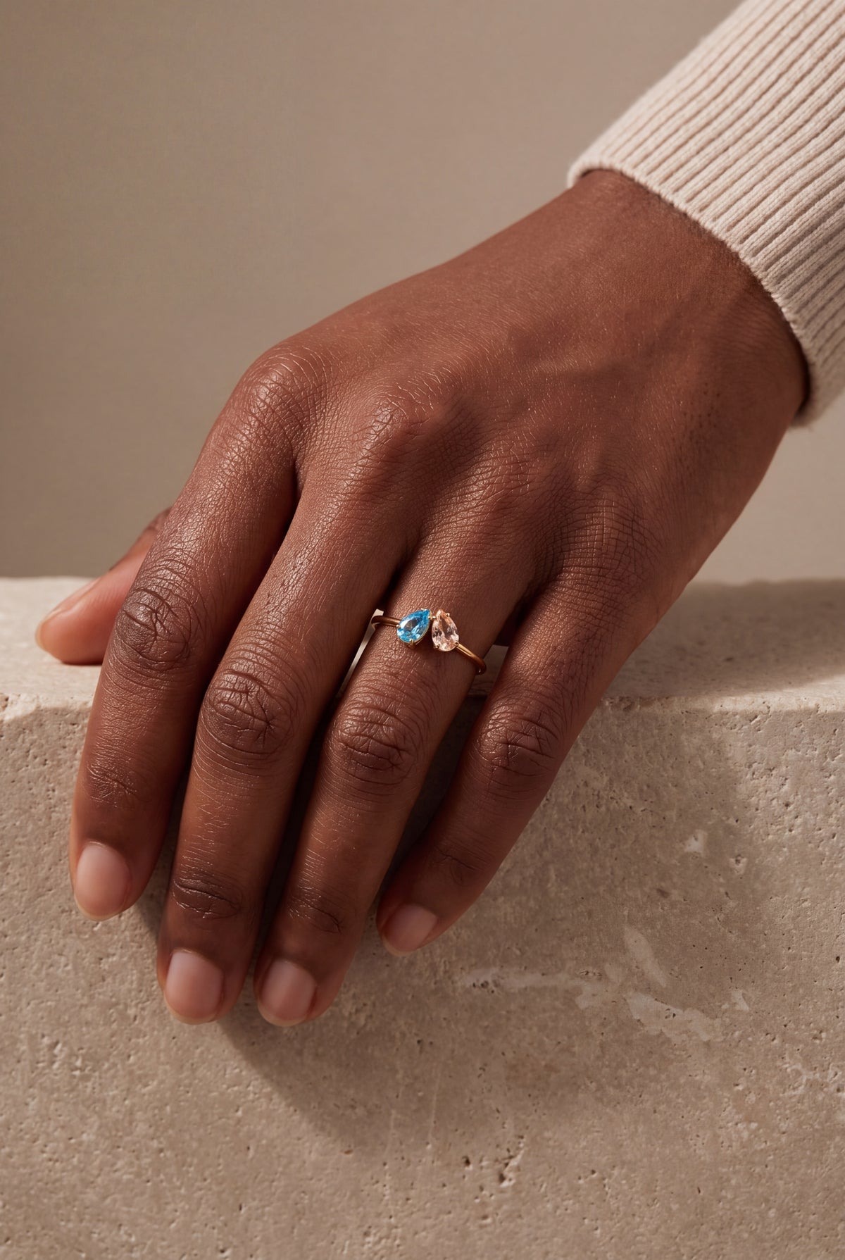 Personalized Two Teardrop Birthstone Ring – on model