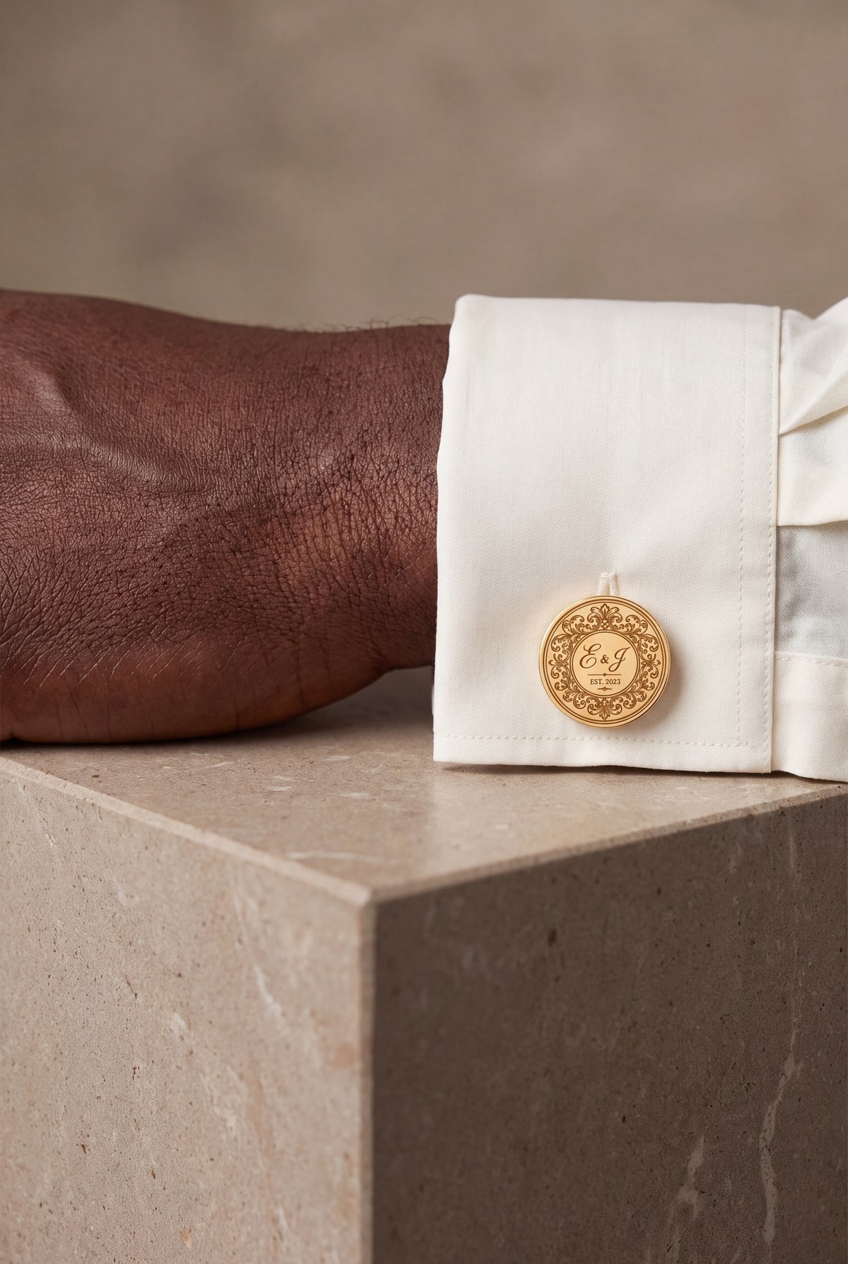 Personalized Wedding Monogram & Year Cufflinks – on model, second view