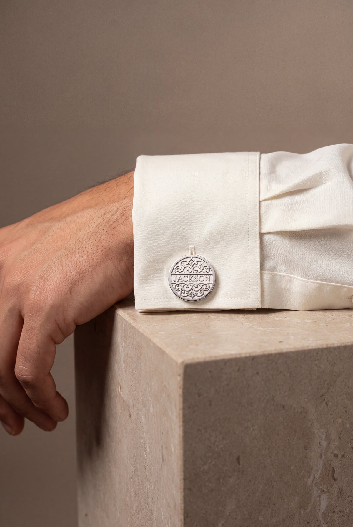 Personalized White Enamel Name Cufflinks – on model, second view
