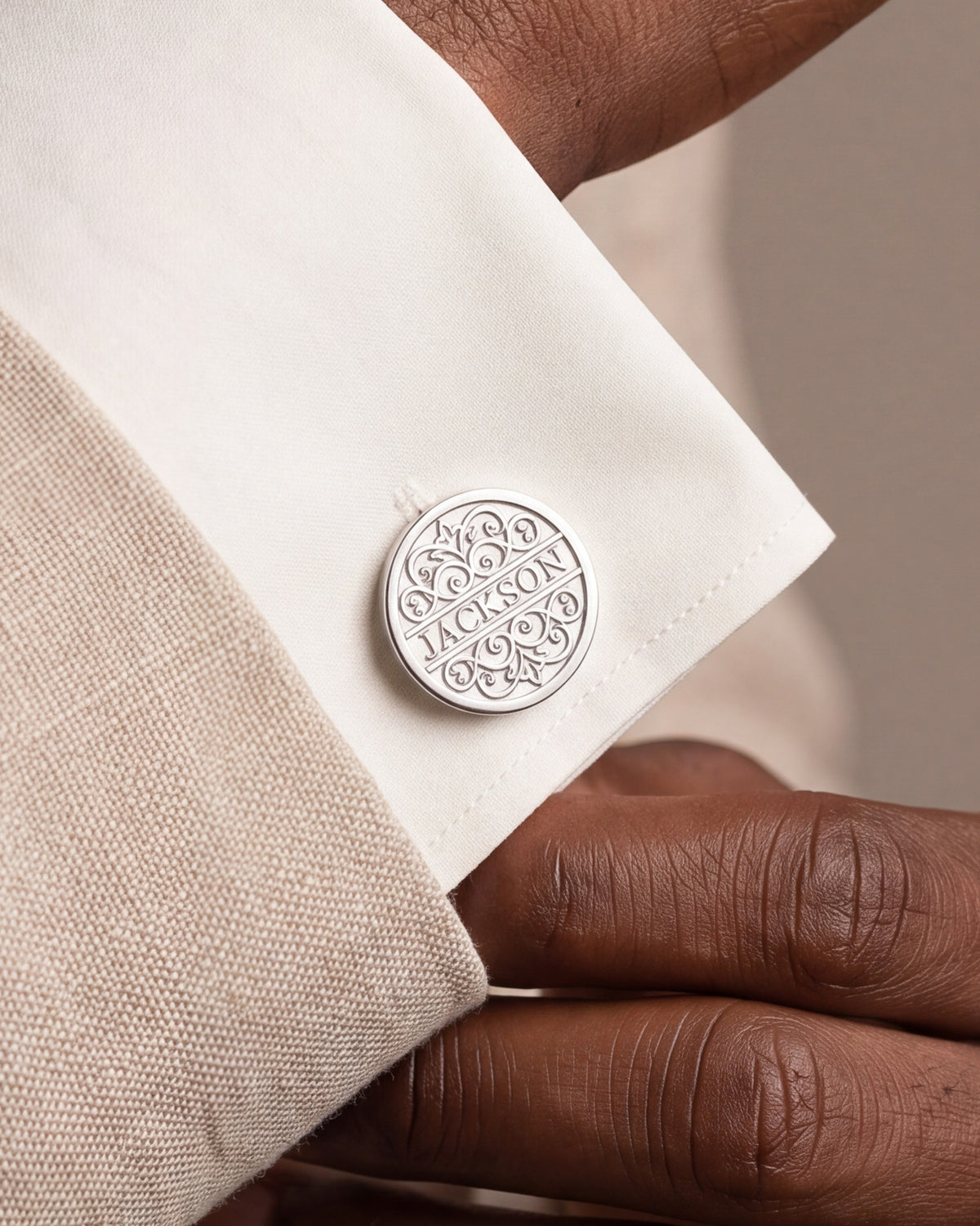 Personalized White Enamel Name Cufflinks – close-up