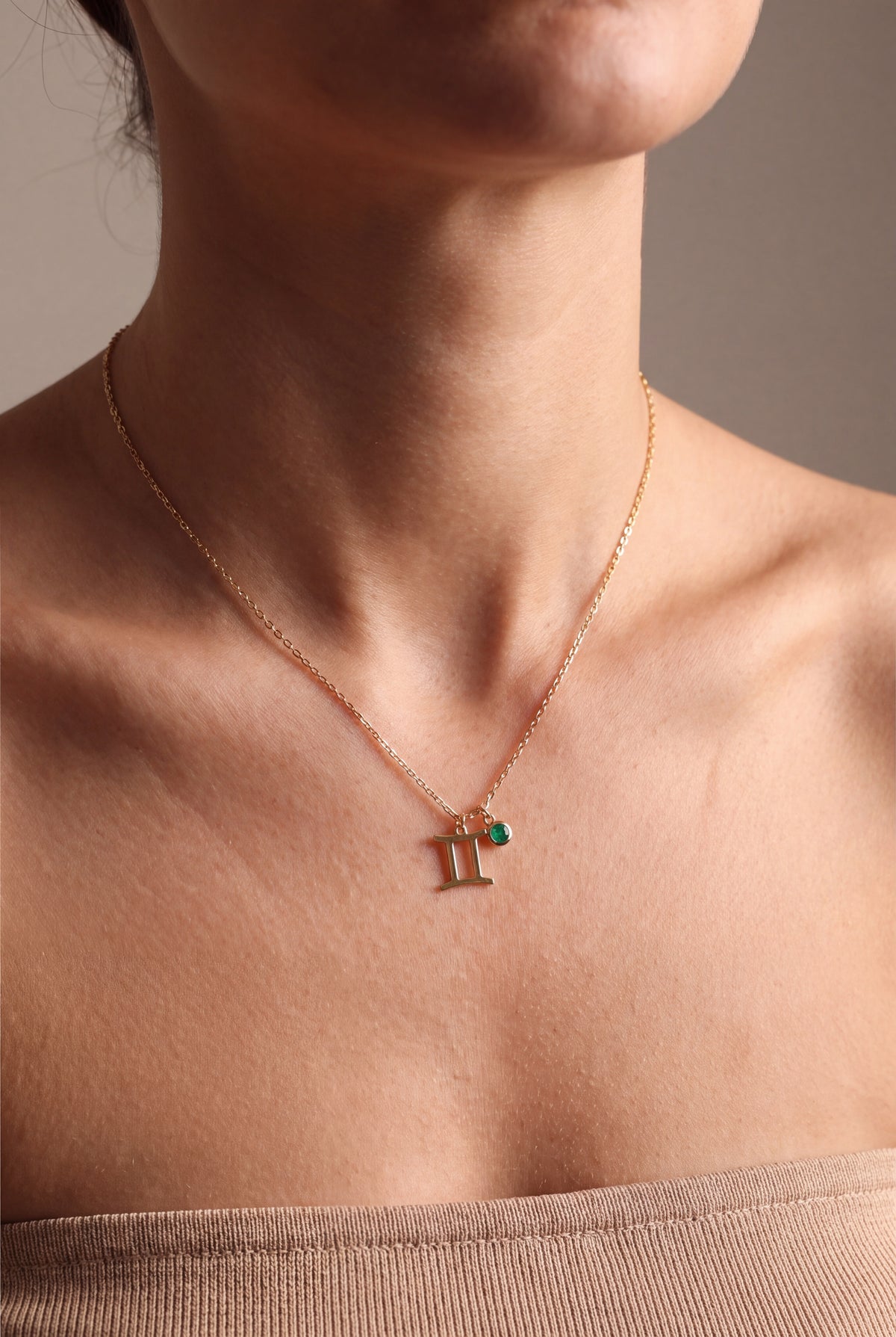 Personalized Zodiac Symbol & Birthstone Necklace – on model, second view