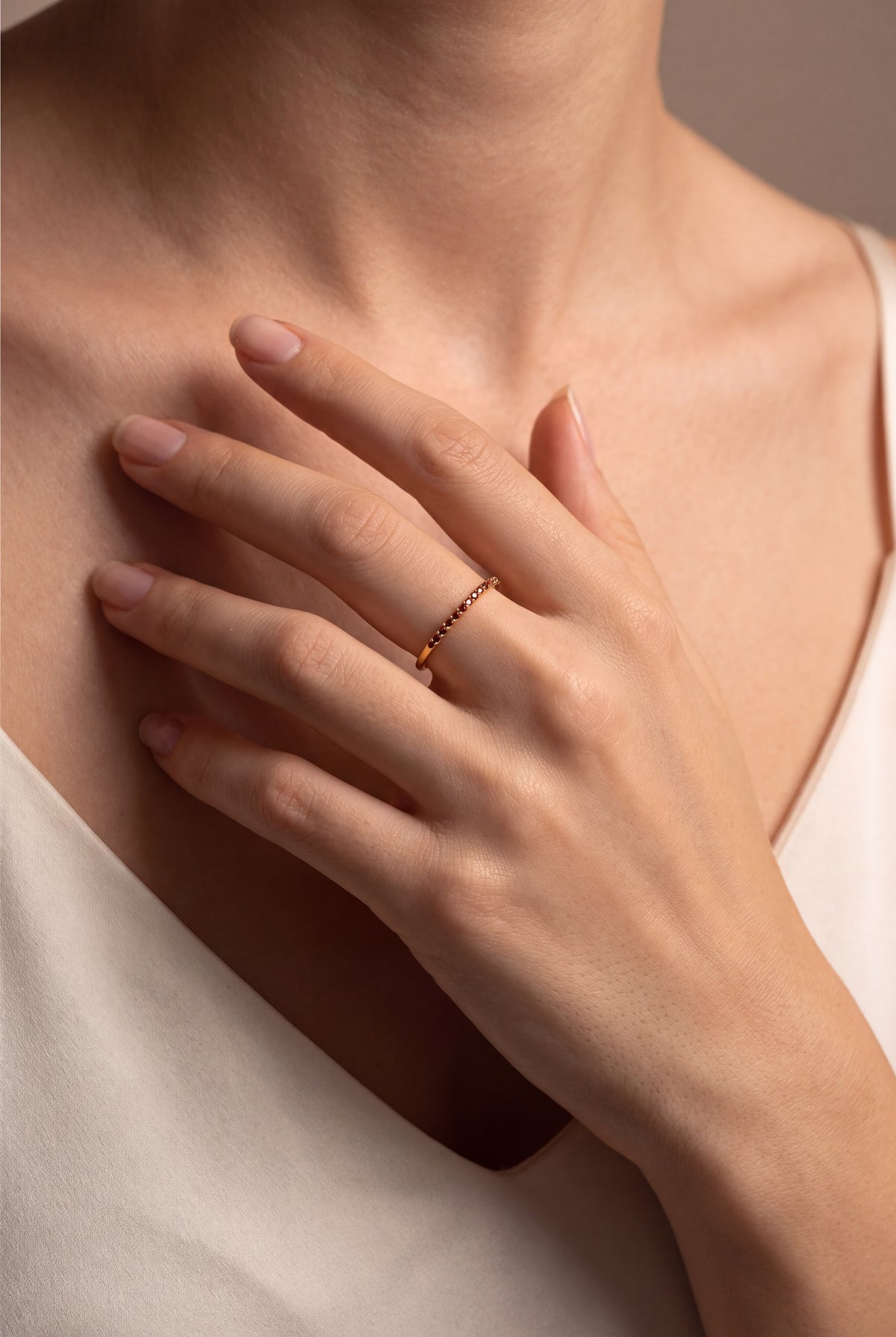 Red Stone Eternity Band Ring – on model