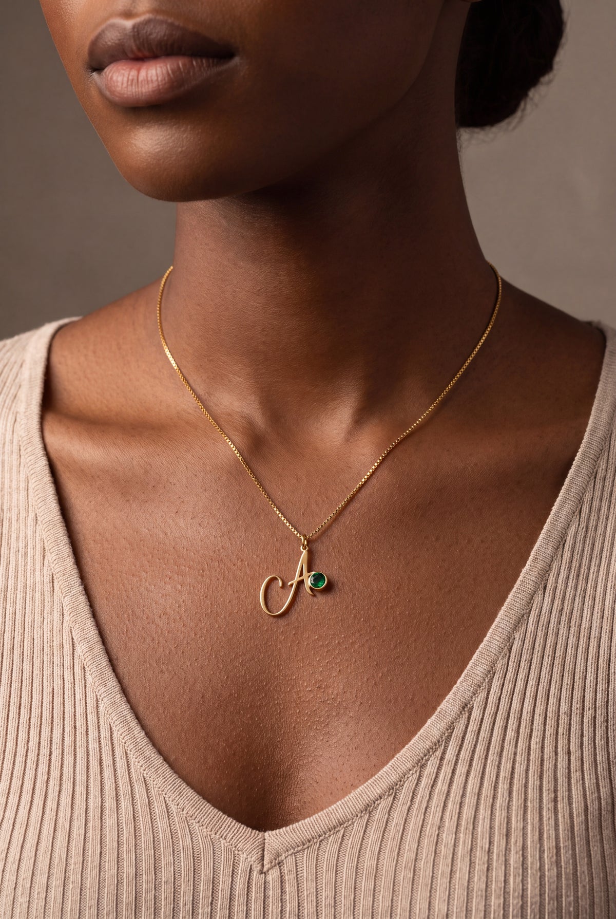 Script Initial Necklace with Birthstone – on model