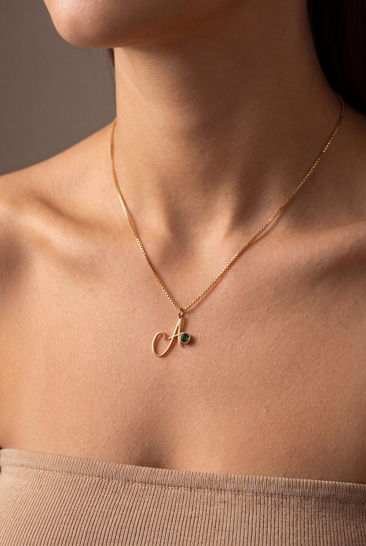 Script Initial Necklace with Birthstone – on model, second view