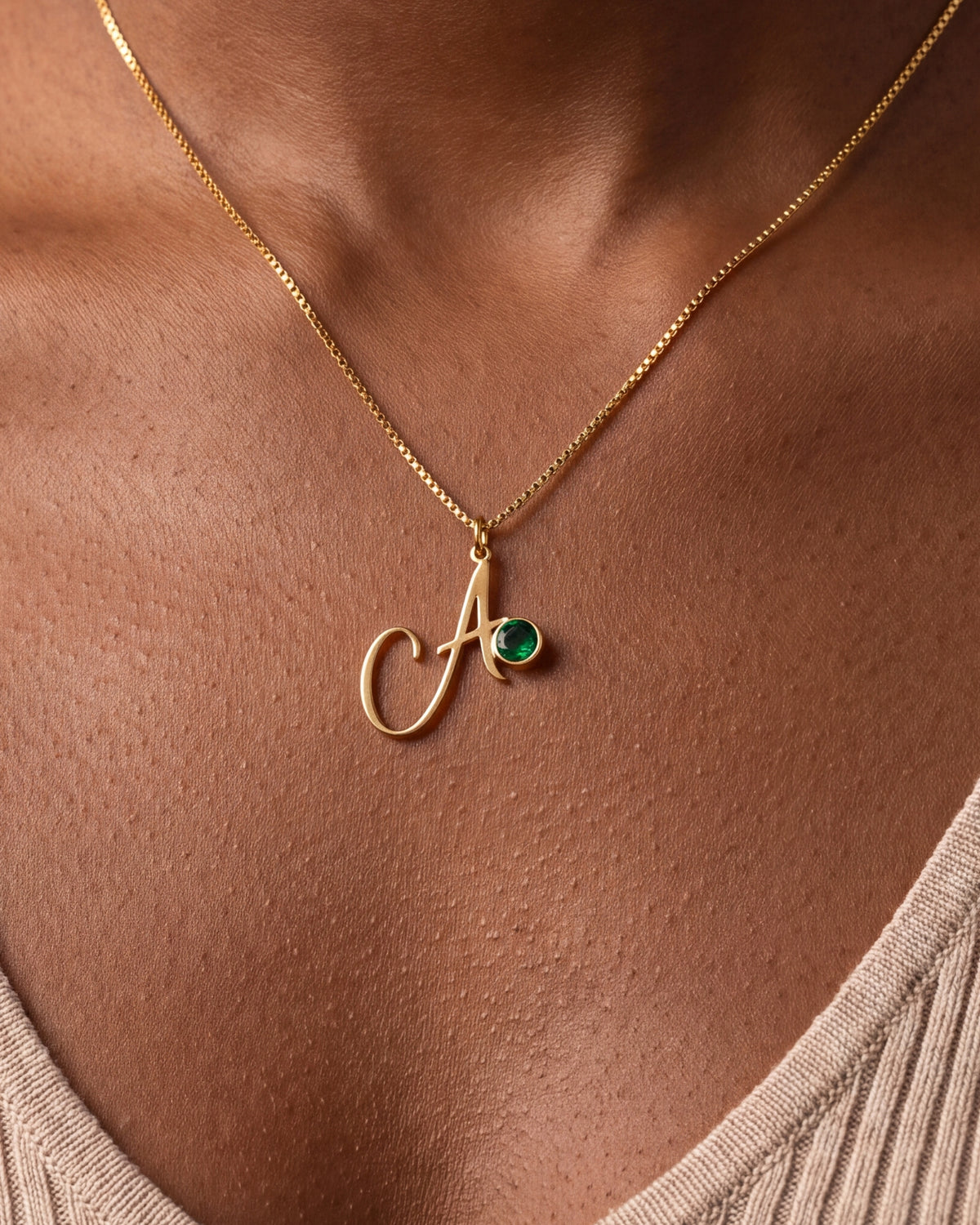 Script Initial Necklace with Birthstone – close-up