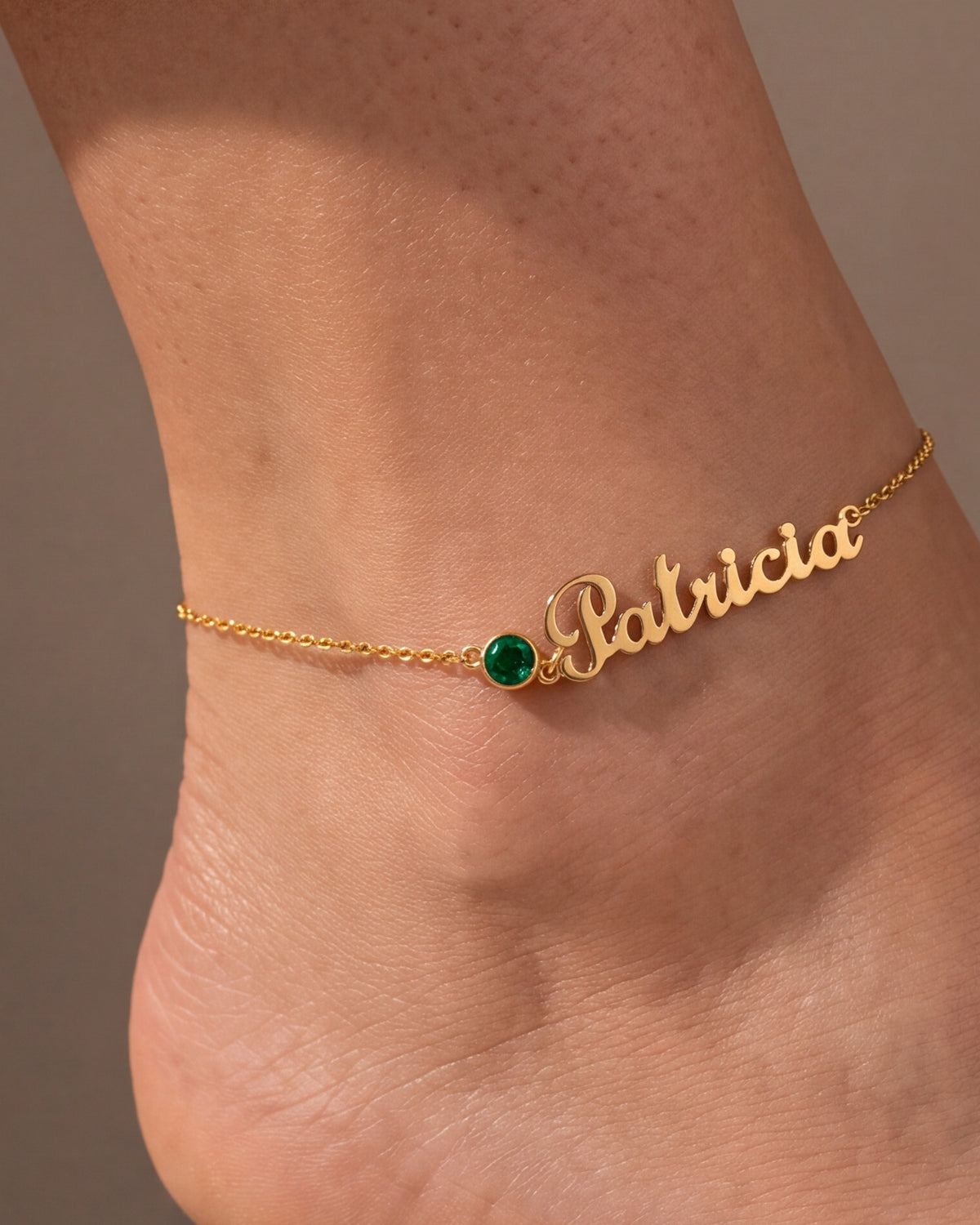 Script Name Anklet with Birthstone – close-up