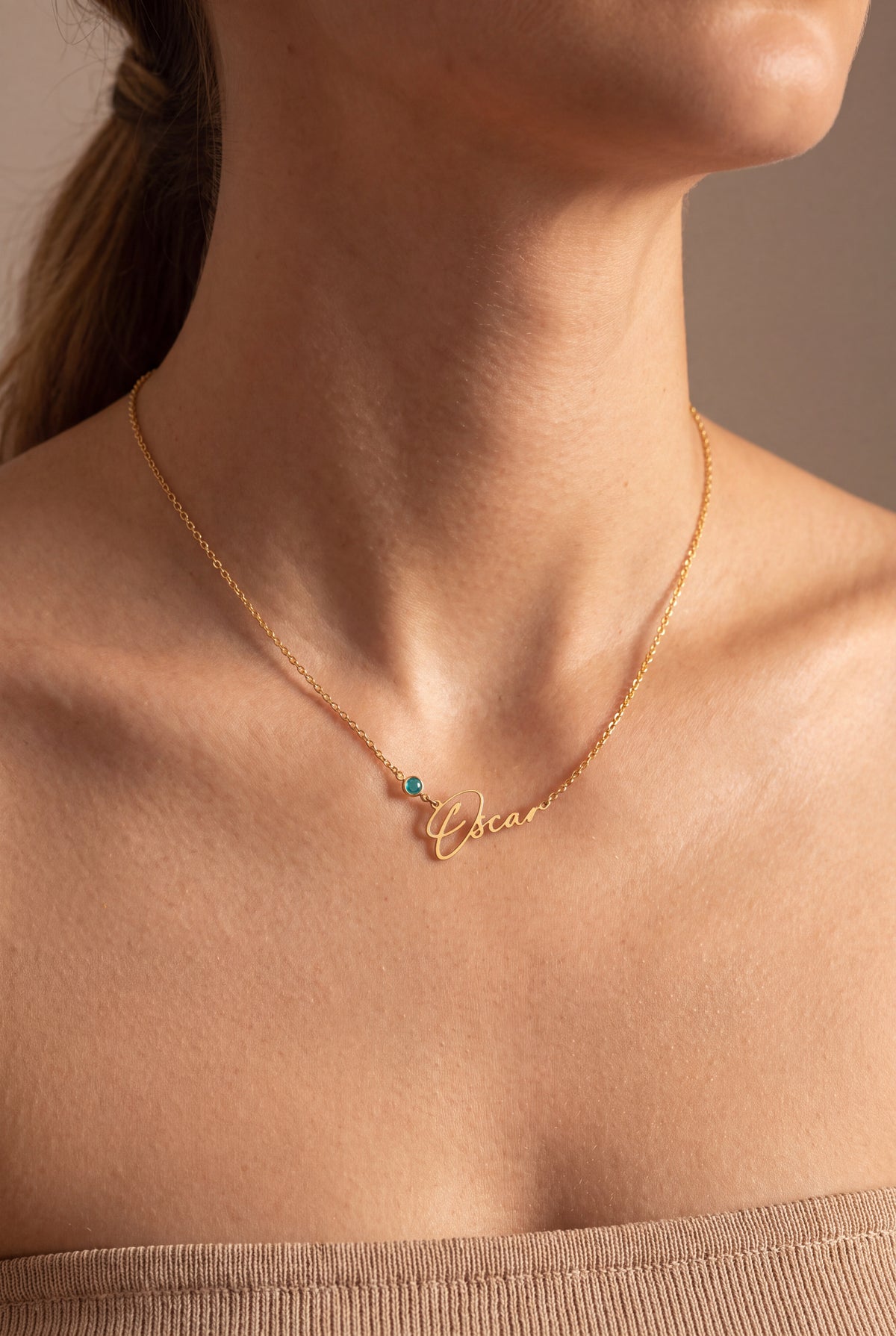 Signature Name Necklace with Birthstone – on model