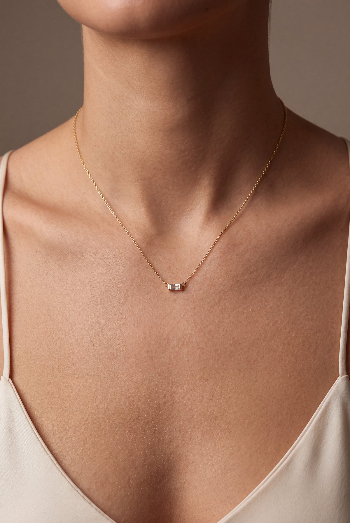 Single Baguette Stone Necklace – on model, second view