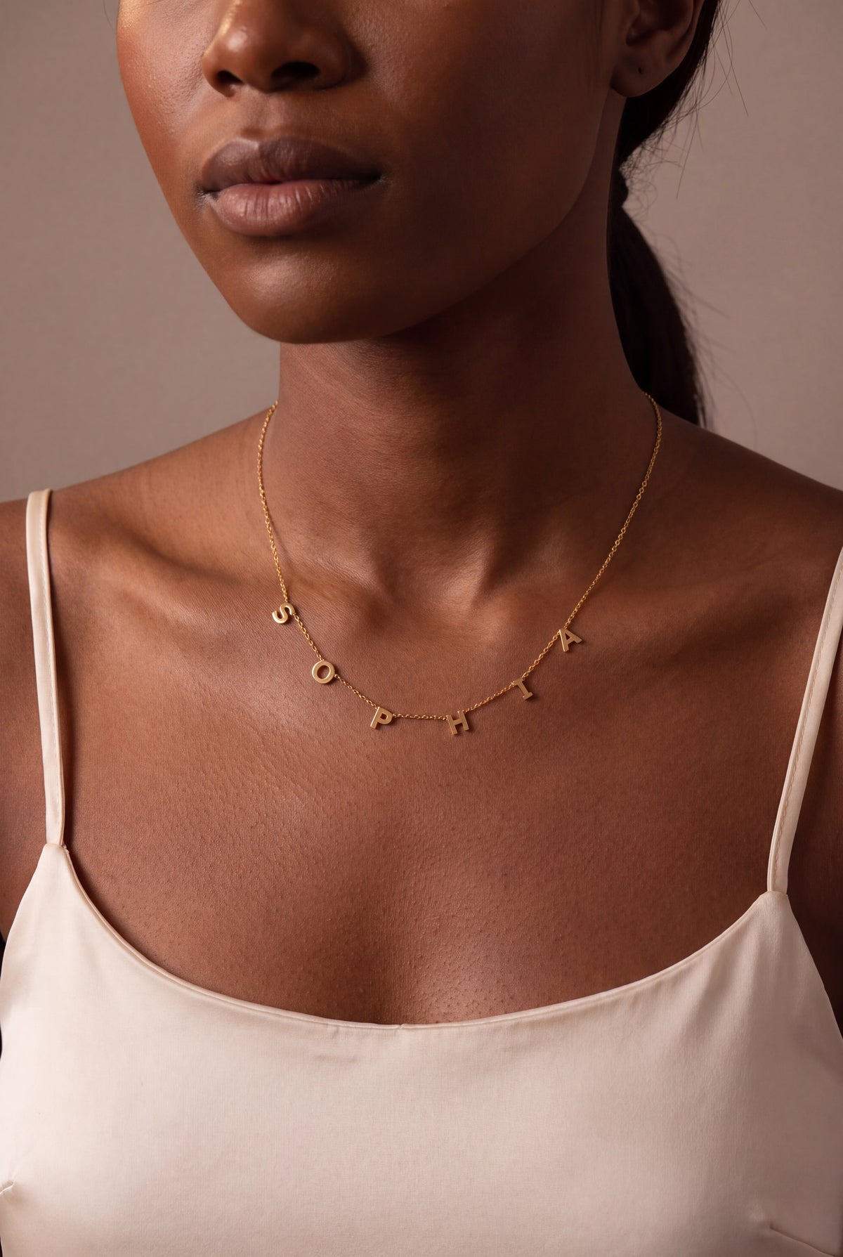 Spaced Letter Name Necklace – on model