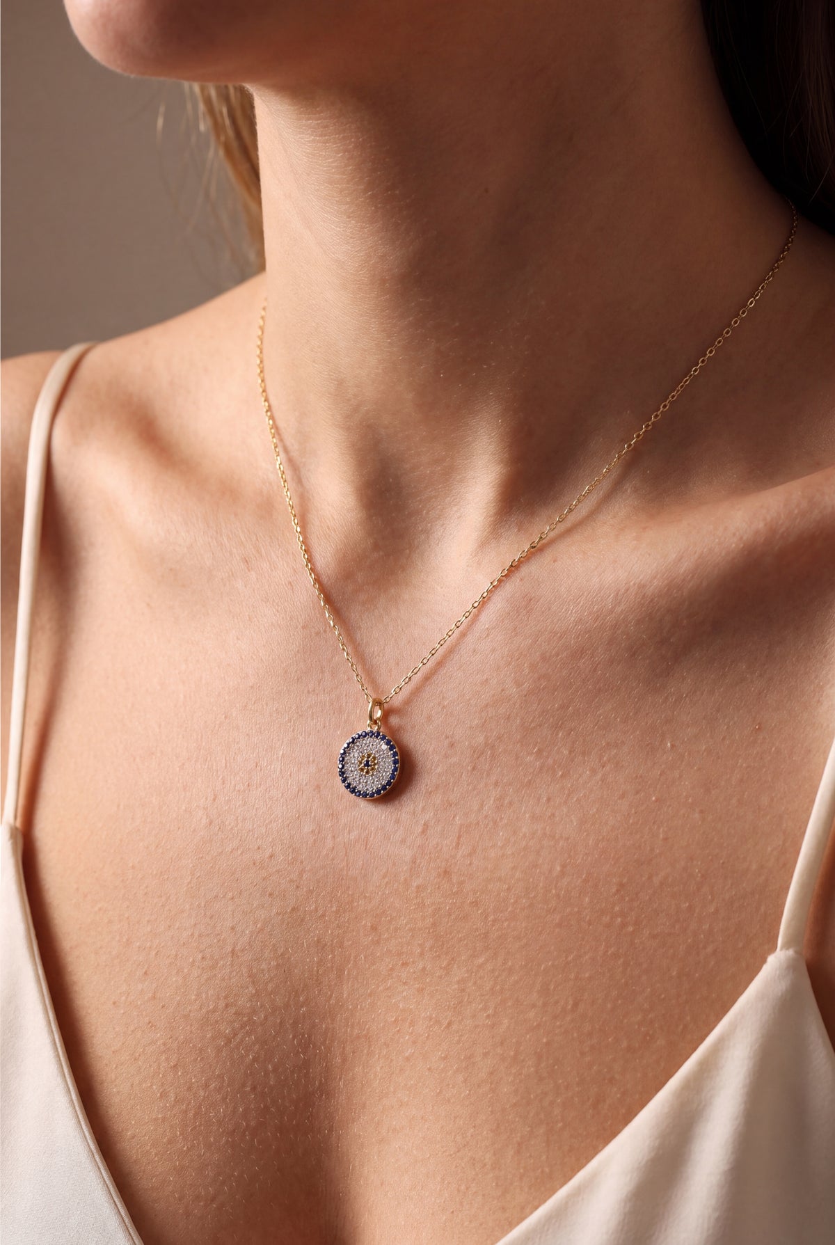 Stone-Set Evil Eye Necklace – on model, second view