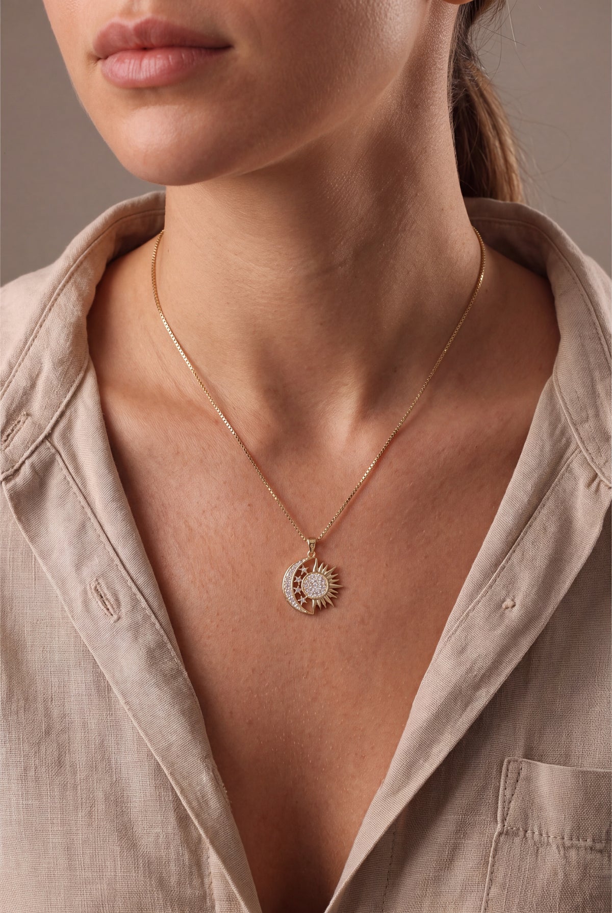 Stone-Set Moon & Sun Necklace – on model
