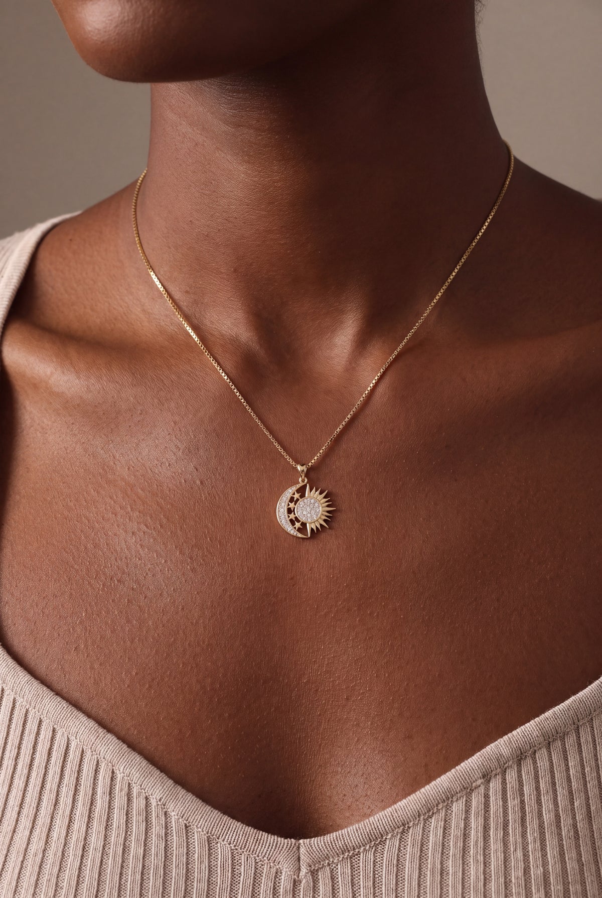 Stone-Set Moon & Sun Necklace – on model, second view
