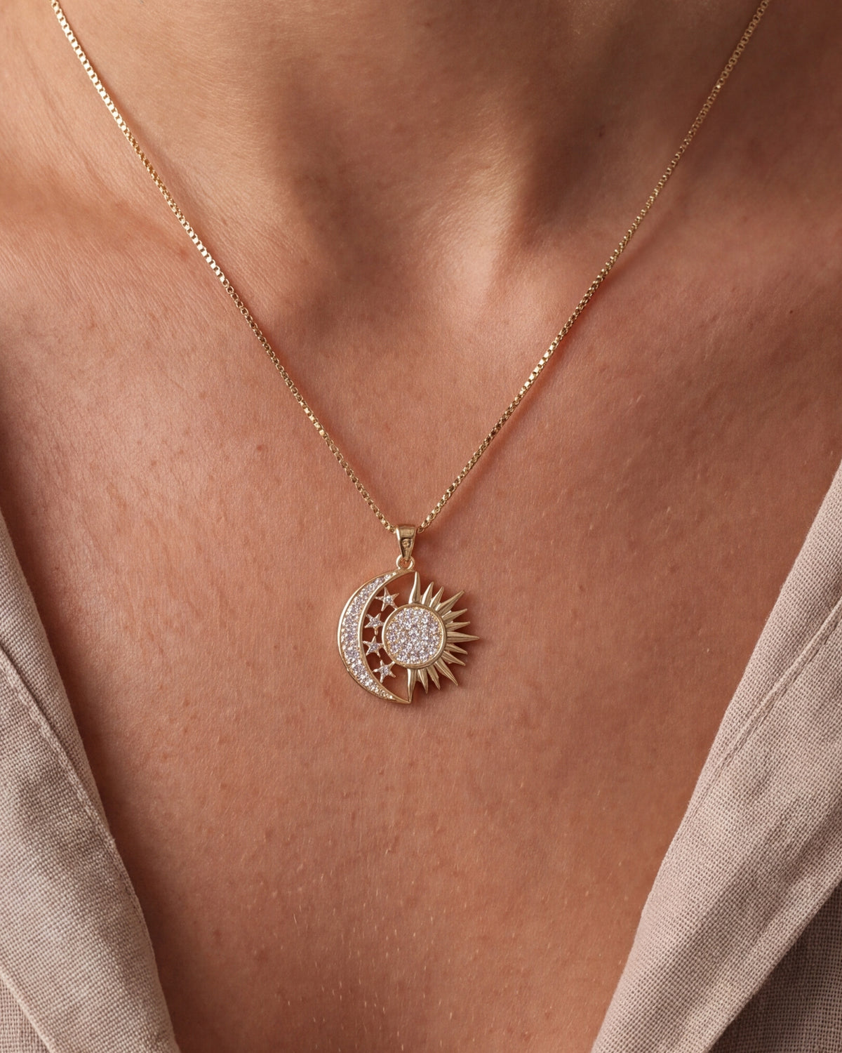 Stone-Set Moon & Sun Necklace – close-up