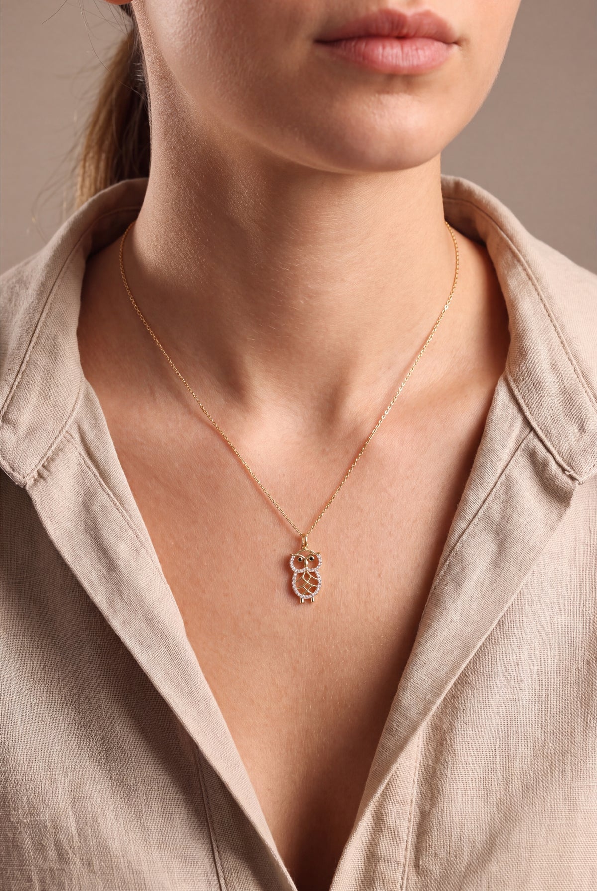 Stone-Set Owl Necklace – on model