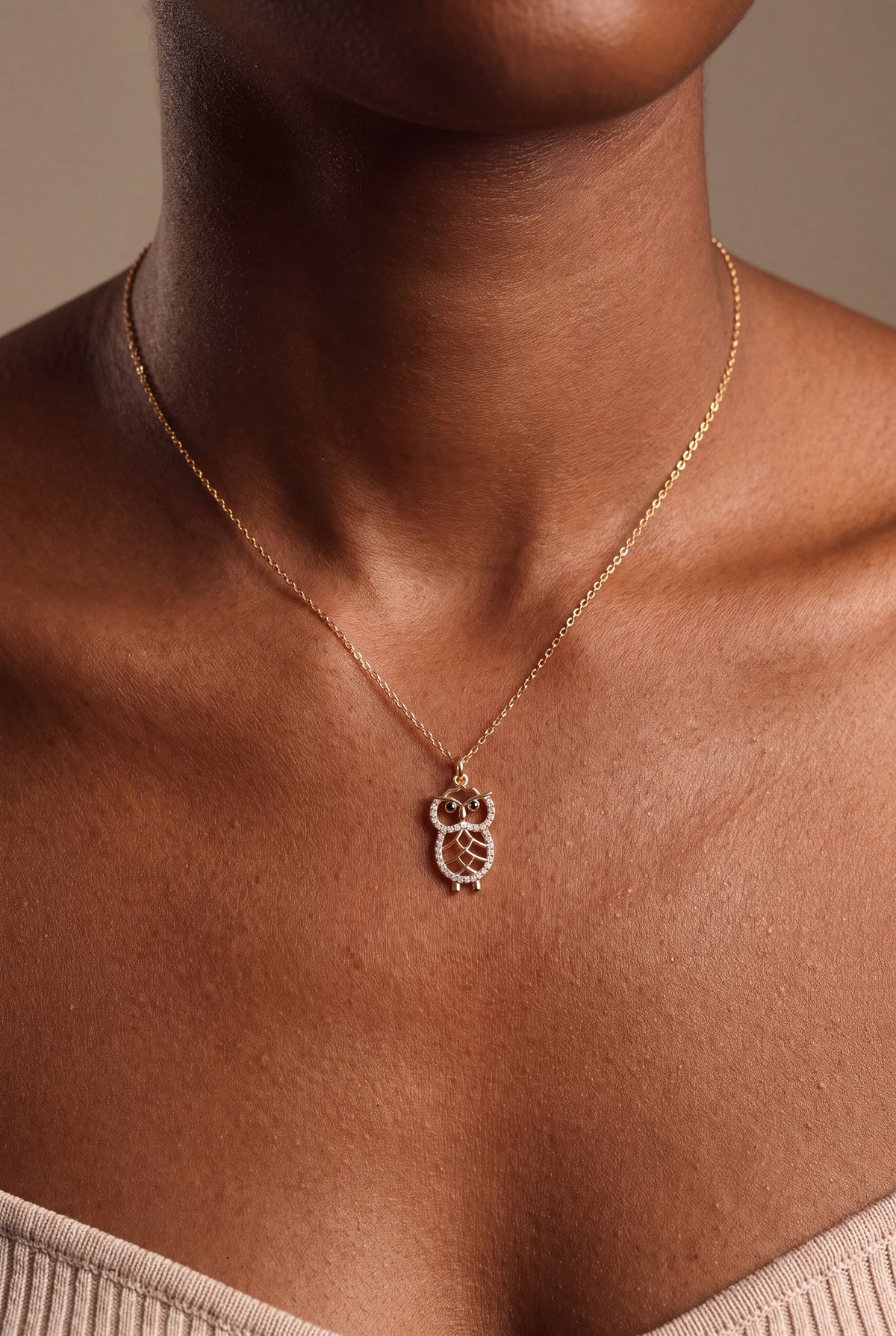 Stone-Set Owl Necklace – on model, second view