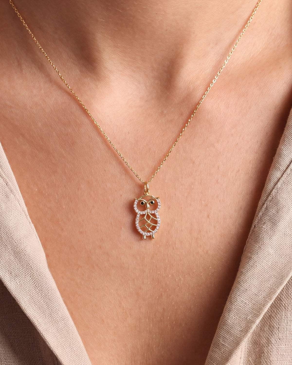 Stone-Set Owl Necklace – close-up