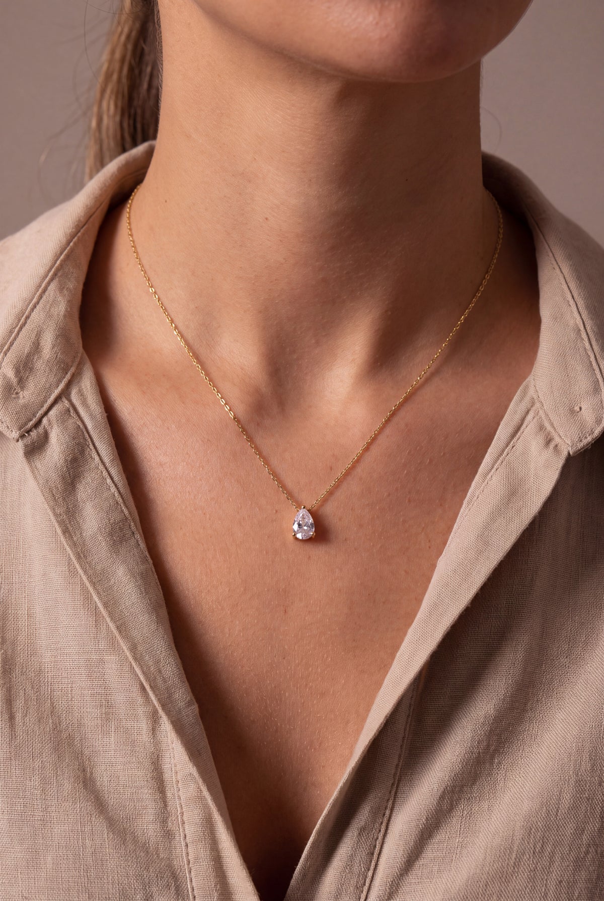 Teardrop Stone Solitaire Necklace – on model
