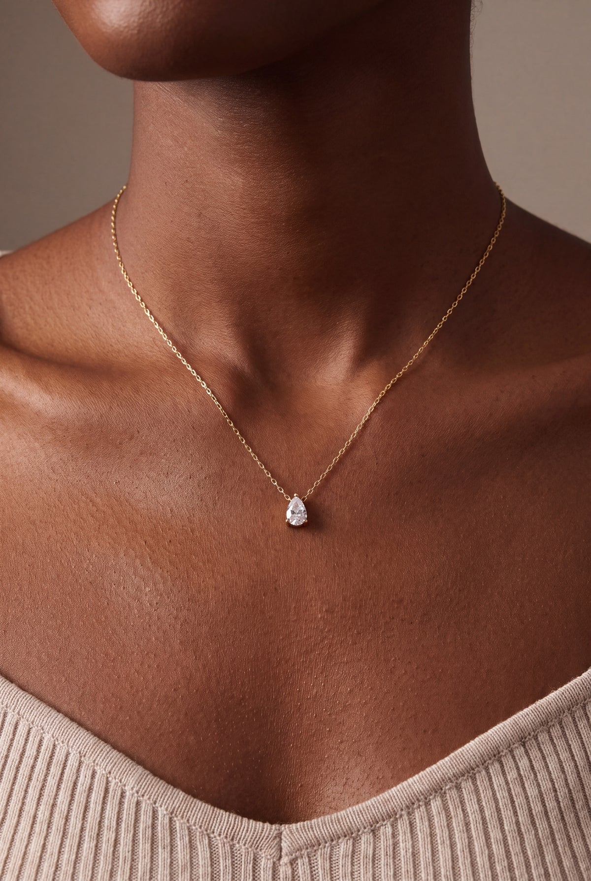Teardrop Stone Solitaire Necklace – on model, second view