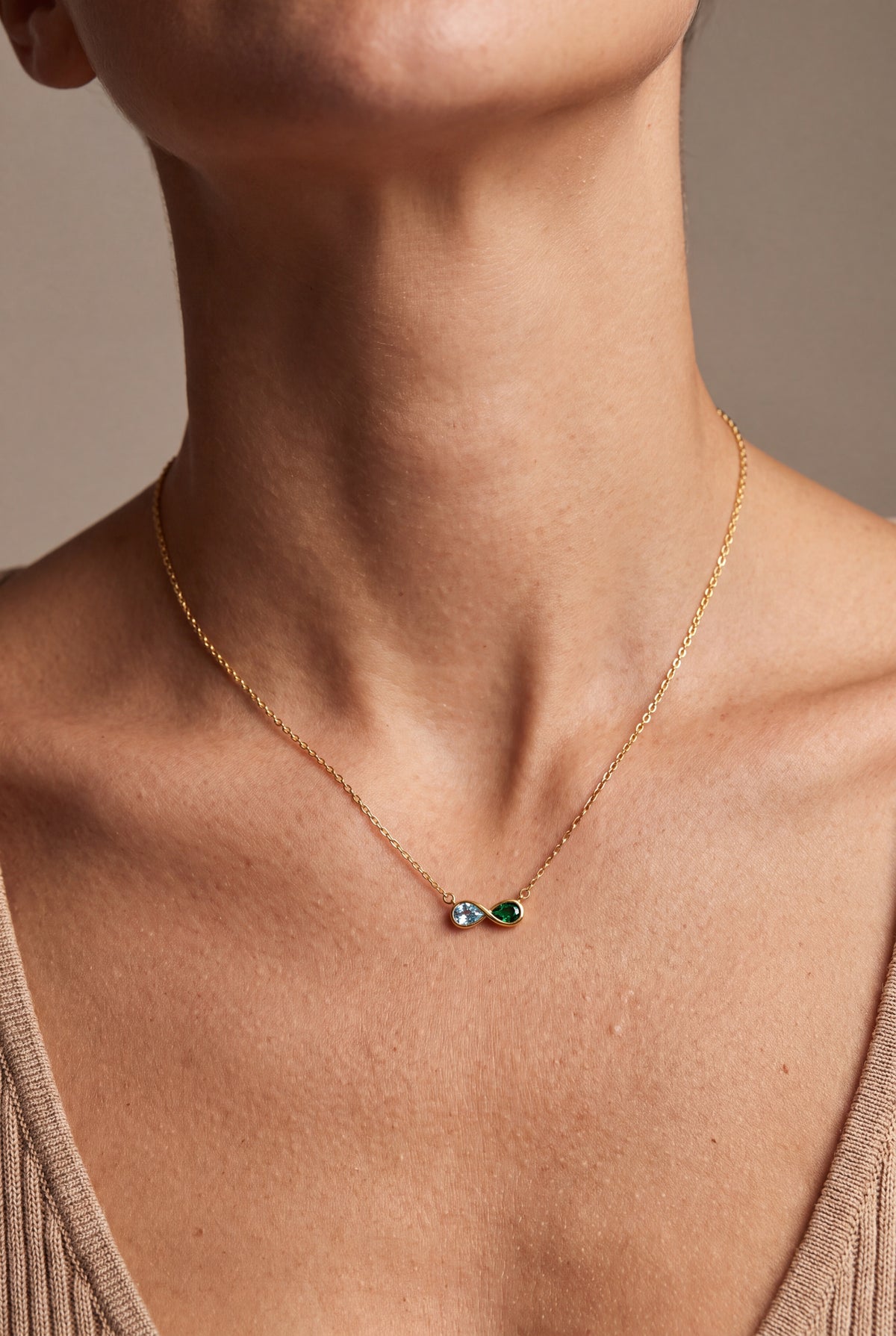 Two-Stone Infinity Birthstone Necklace – on model, second view
