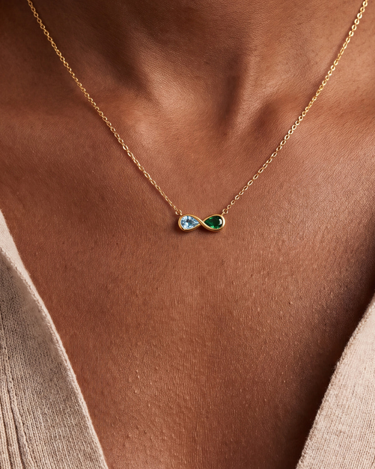 Two-Stone Infinity Birthstone Necklace – close-up