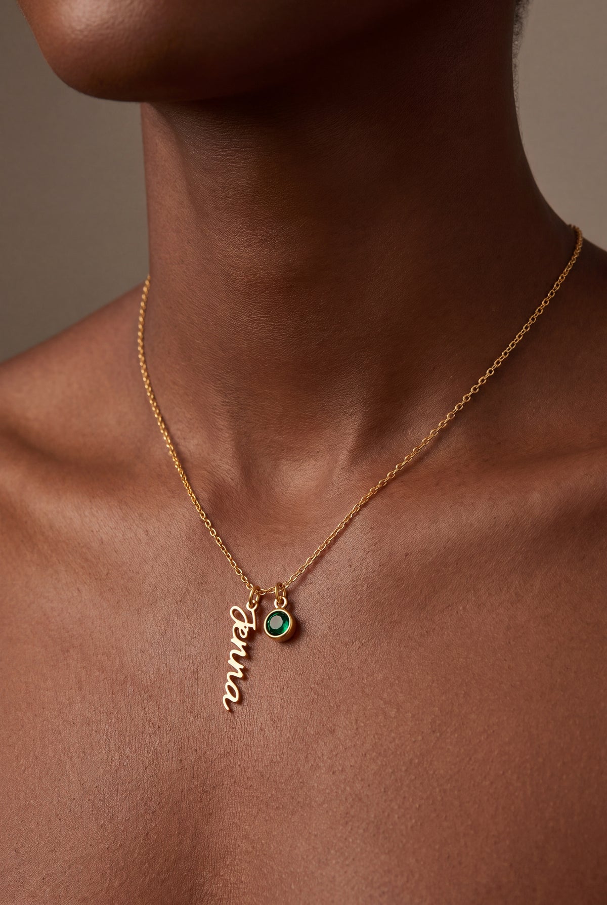 Vertical Name Necklace with Birthstone – on model, second view