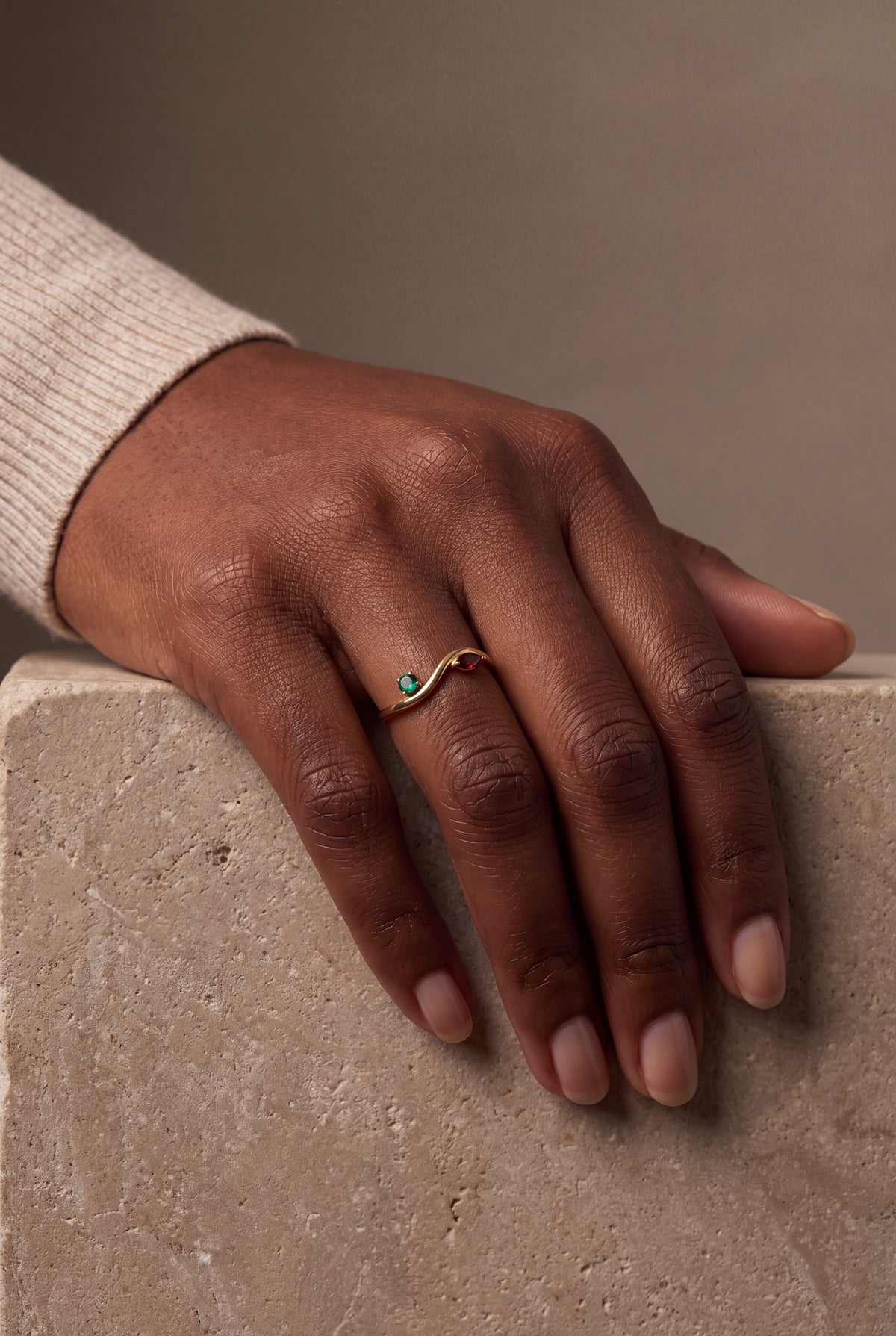 Wave Ring with Two Stones – on model