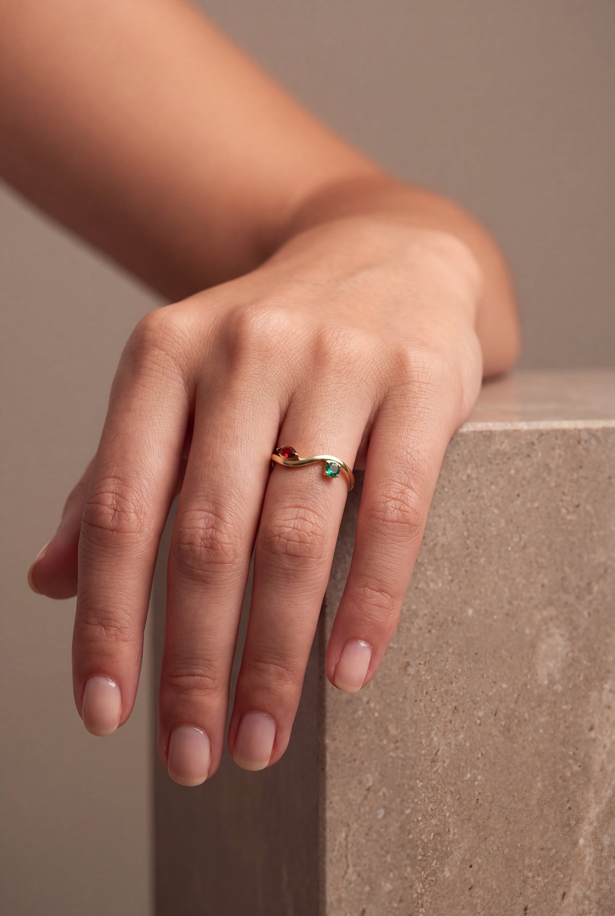 Wave Ring with Two Stones – on model, second view