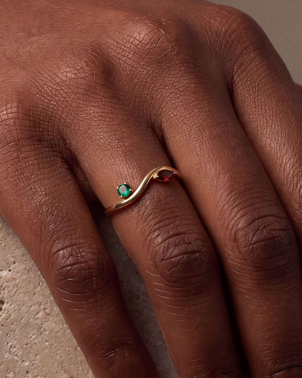 Wave Ring with Two Stones – close-up