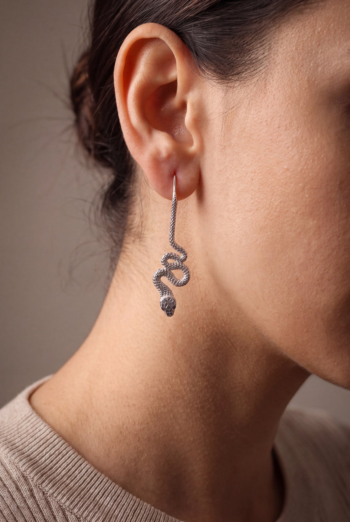 Wavy Snake Drop Earrings – on model, second view